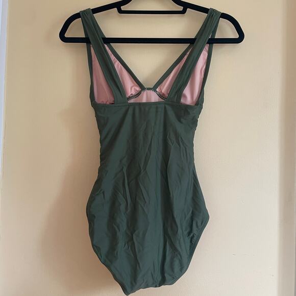 NWT J. Crew Ruched V-Neck One-Piece Swimsuit in Cool Cypress Green Sz 2 - Picture 9 of 10